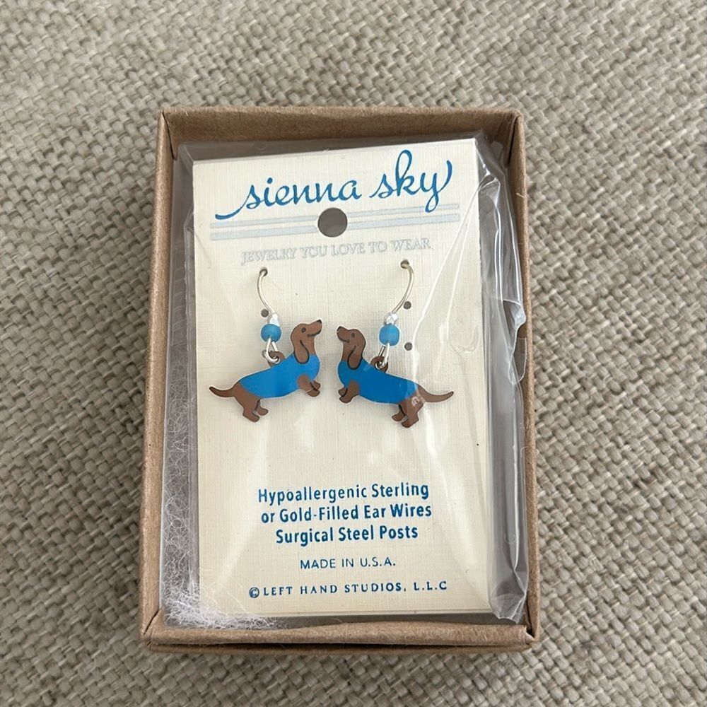 NWT Sienna Sky Dachshund with blue sweater earrings